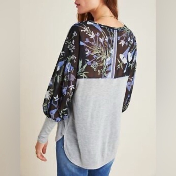 NWT Anthropologie Tiny grey and blue floral mixed media balloon sleeved top - Picture 13 of 15